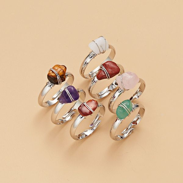 

selling creative natural stone rings gravel winding opening adjustable copper ring personalized, Golden;silver