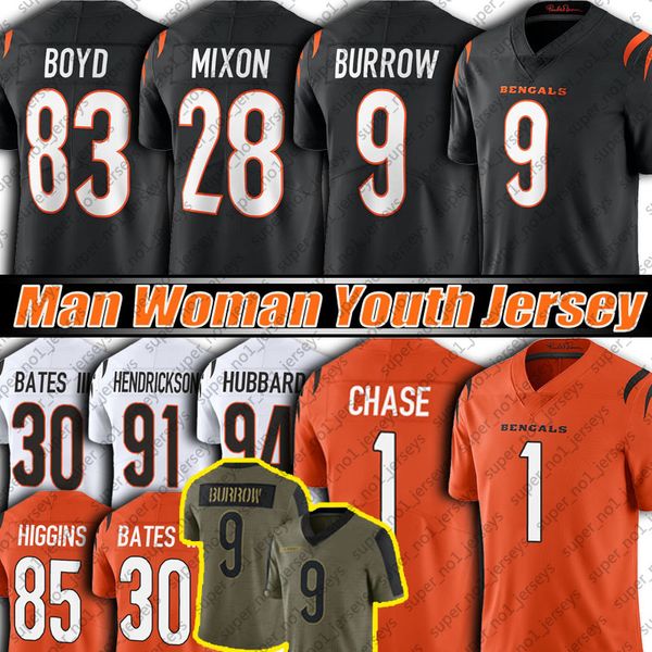 

9 joe burrow mixon 1 ja'marr chase jamarr jersey tee higgins tyler boyd jessie bates iii football jerseys vonn bell c.j. uzomah awuzie, Black;red