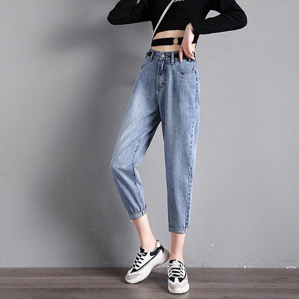

women's jeans 2021 women fashion hole high waist female casual harem ankle length denim pants blue apricot loose pencil trousers xa83f