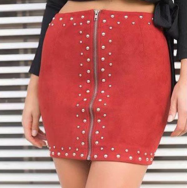 

skirts women casual front zipper solid pencil skirt high waist rivet skinny, Black