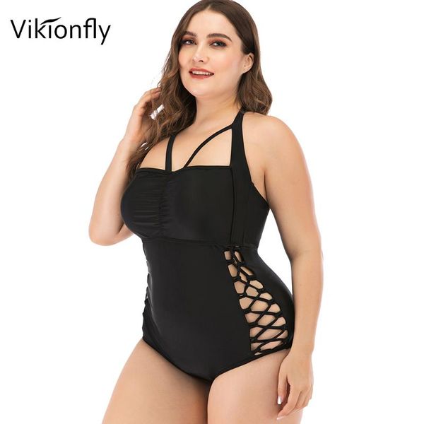 

vikionfly plus size swimwear women one piece swimsuit female 2021 lace up swimming suit for bathing bikini black one-piece suits