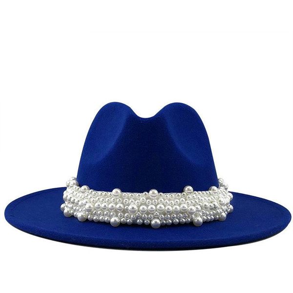

wide brim hats wool women men fedora hat with pearl ribbon gentleman elegant lady winter autumn panama sombrero jazz cap 60cm, Blue;gray