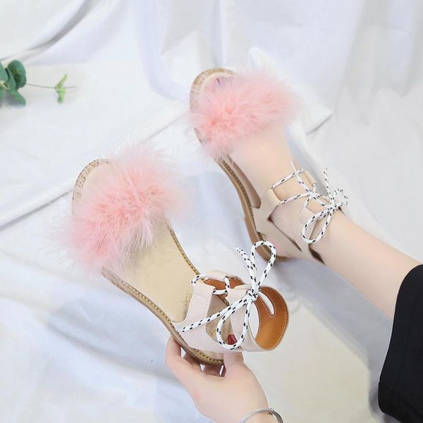 

sandals summer 2021 student's flats fashion roman flat shoes real fur ankle strap gladiator sandalias bohemian beach shoe, Black