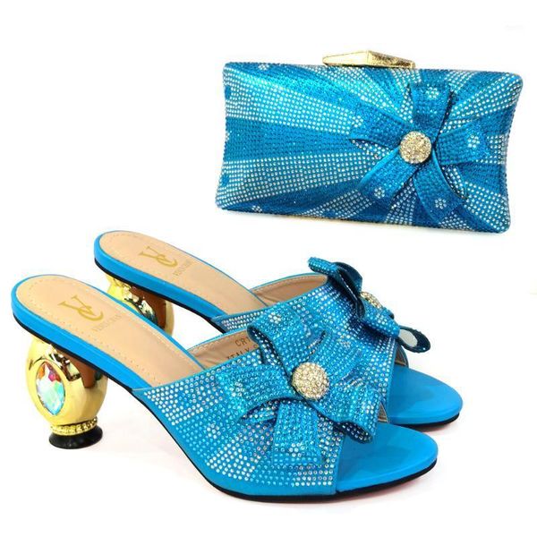 

dress shoes skyblue color arrivals nigeiran women and bag to match decorate with rhinestone comfortable heels thin for party, Black