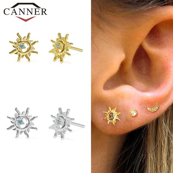 

stud 925 sterling silver blue crystal zircon hollow sun earrings for women cute gold color studs fashion party jewelry, Golden;silver