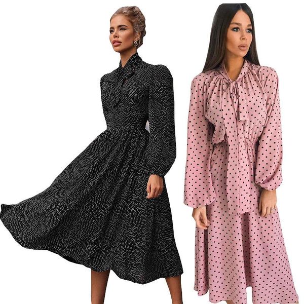 

casual dresses bikoles 2021 spring autumn fashion scrf collar long sleeve empire print wave point women dress bow ladies basic, Black;gray