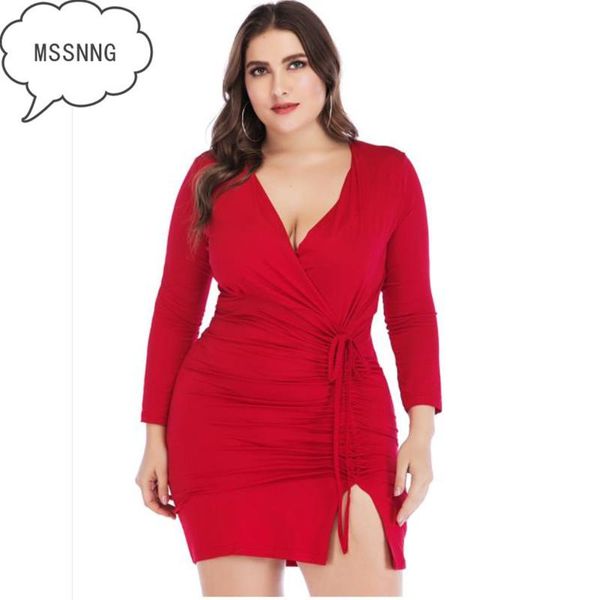 

casual dresses mssnng real s v-neck long-sleeved thin dress slim pleated split fork bag hip large size women's clothing, Black;gray