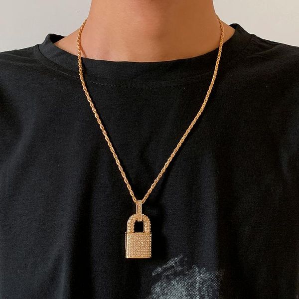

pendant necklaces shixin punk twisted chains rhinestone padlock for men/women hip hop big crystal lock fashion jewelry, Silver