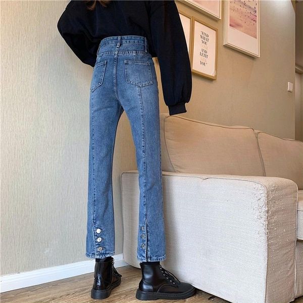 

women's jeans denim pants chic hong kong style spring and autumn 2021 design sense of minority trouser leg nail button straight, Blue