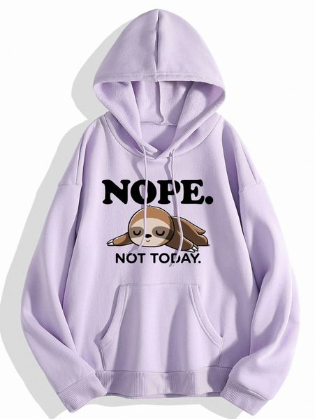 

sloth & slogan graphic kangaroo pocket drawstring thermal hoodie 473q#, White;black