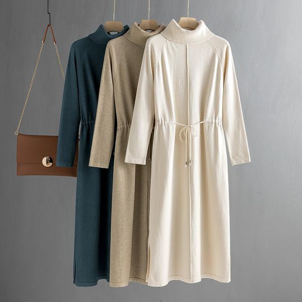 

casual dresses oversize loose women long knit maxi dress vertical stripe straight winter turtleneck pullover midi drawsting, Black;gray