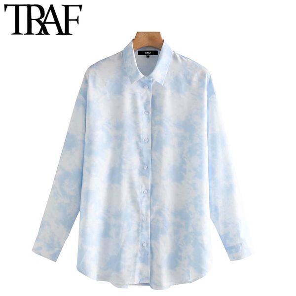 

traf women fashion tie-dye print loose blouse vintage long sleeve button-up female shirts chic 210415, White