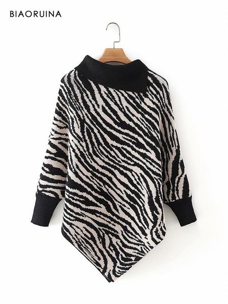

women's zebra striped vintage loose autumn winter knitted pullover skew collar female fashion thick warm sweater sweaters, White;black