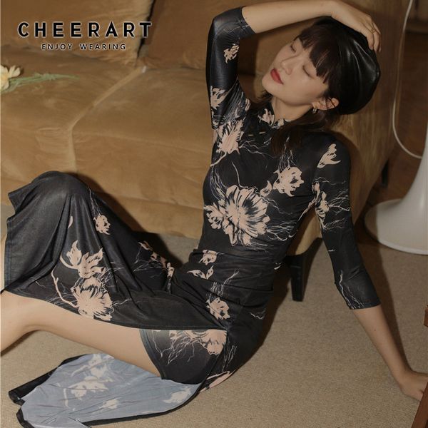 

vintage floral print black long bodycon dress women mandarin collar tight side slit summer clothing 210427, Black;gray