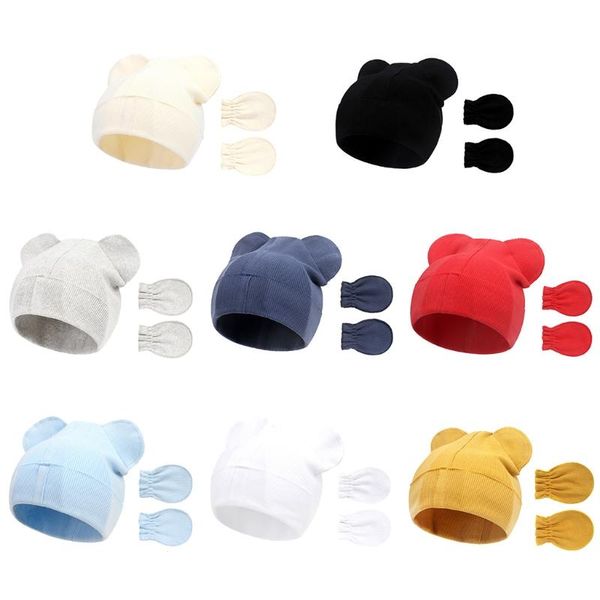 

caps & hats baby knitted anti-scratching gloves cute bear ear hat set soft cotton mittens beanie nightcap kit for infant born h055, Yellow