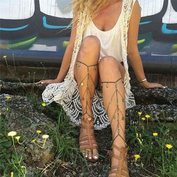 

anklets summer women beach multilayer leg chain boho ethnic hippie tassel coin foot jewelry bohemia style 2021, Red;blue