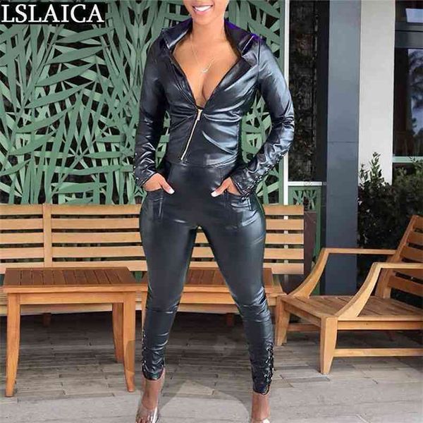 Moda Preto Dois Peça Set Mulheres Manga Longa Tops Voltar Criss-Cross Lace Up Woman Calças 2 Sexy Club PU Outfits 210520