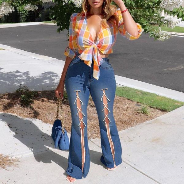 

women's jeans ripped flare pants button high waist slim band micro hole trousers denim pantaloni donna, Blue