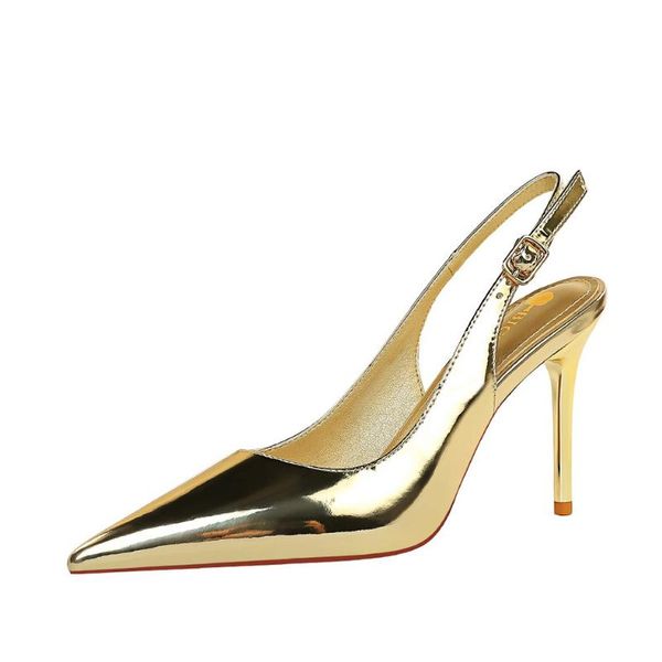 

women 9.5cm heels fashion patent leather slingbacks pumps ladies stiletto shoes female pointed toe wedding party sandals, Black