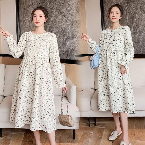 

5915# 2021 spring chic ins floral printed maternity long party dress elegant loose clothes for pregnant women a line pregnancy dresses, White