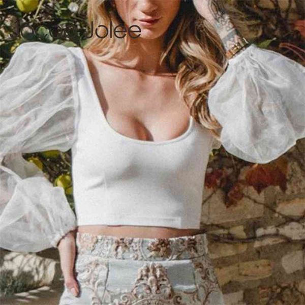 

women puff u neck blouse casual mesh long sleeve elegant shirts female patchwork crop 210416, White