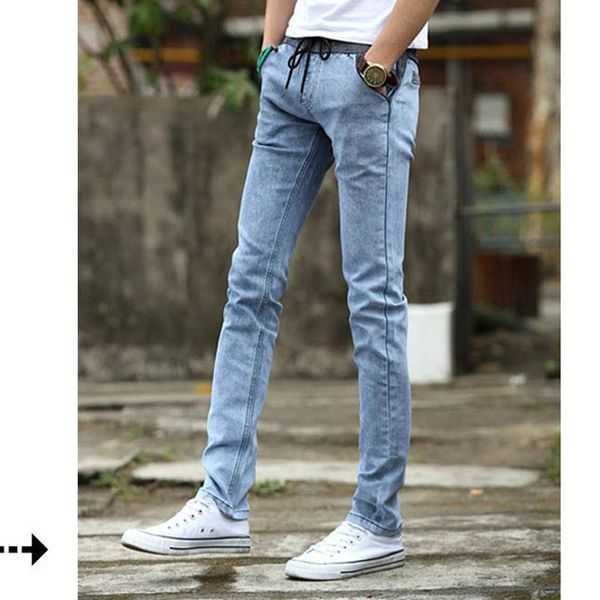 

fashion 2021 summer casual jeans washing male thin little leg men's elastic waist rope teenagers pencil pants men, Black
