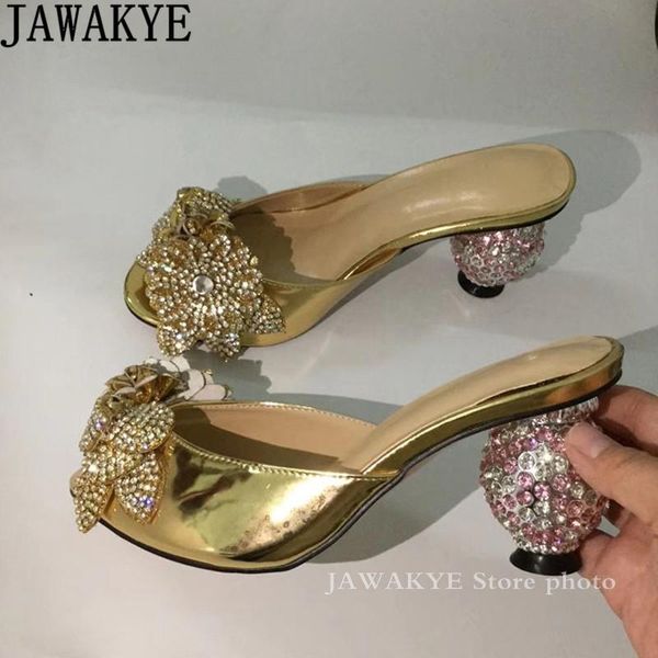 

slippers rhinestone flower ball block heels gold women luxurious summer mules shoes high heel runway party woman, Black