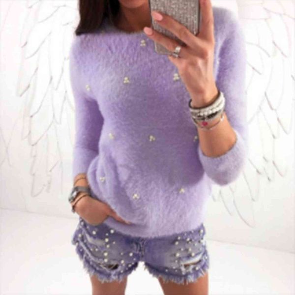 

plush beading autumn winter women sweaters rabbit fur o neck long sleeve pullovers pull femme, White;black
