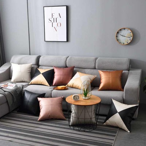 

cushion/decorative pillow 1pc luxurious pu leather cushion geometric contrast stitching insert super sofa couch home decorative 45x45cm