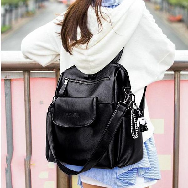 

outdoor bags brand lady backpack 2021 luxury soft pu leather student school bag multifunctional travel black