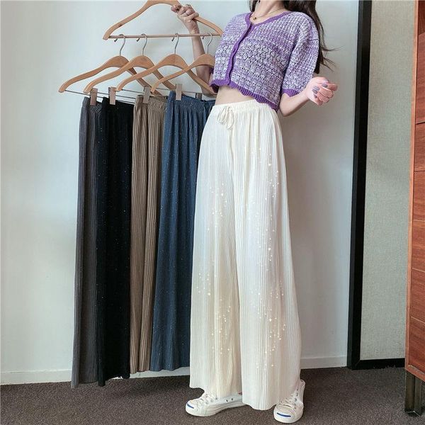 

women's pants & capris summer korea style ice silk wide leg high waist drop mop thin loose straight casual, Black;white
