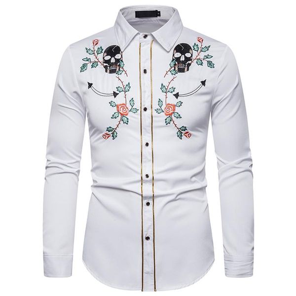

men's casual shirts mjartoria 2021 mens western cowboy skull flower embroidery shirt slim fit long sleeve button down party male, White;black