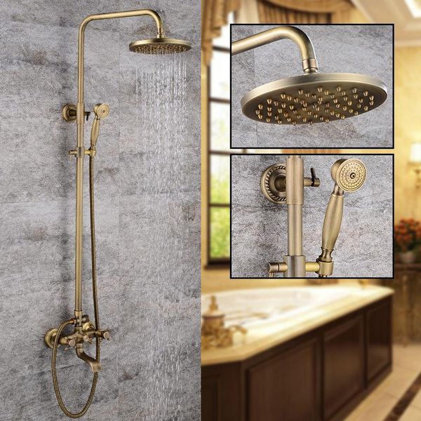 

antique brass shower faucets set 8'' rainfall head commodity shelf handle mixer tap swivel tub spout bath bathroom sets