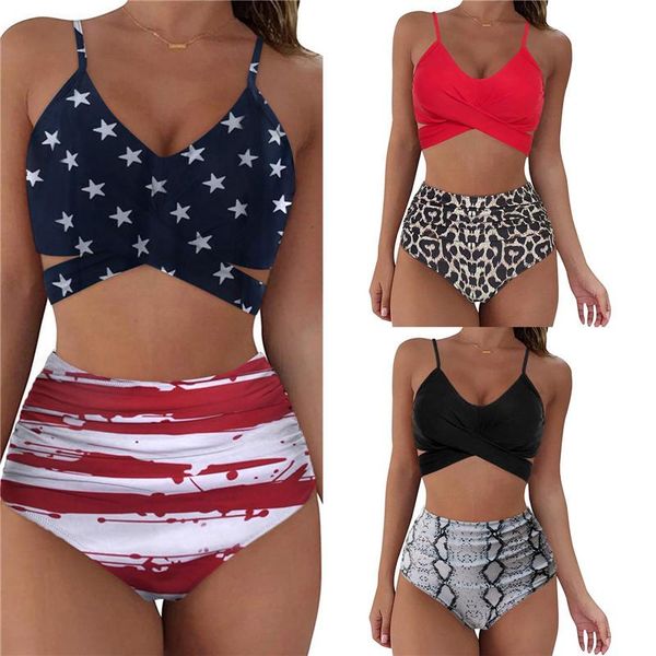 

women's swimwear xingqing swimsuit two-piece swimming clothes high waist push up bikini suit printed pattern backless and shorts, White;black