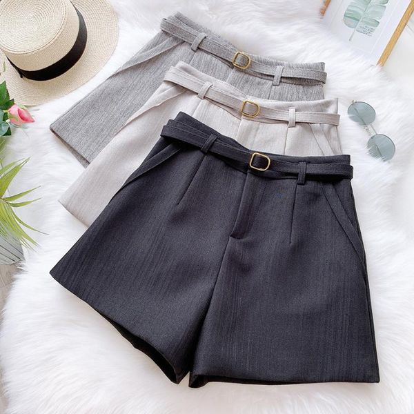 

spring summer women's shorts high waist wide leg elegant office lady mini with sashes black khaqi, White;black