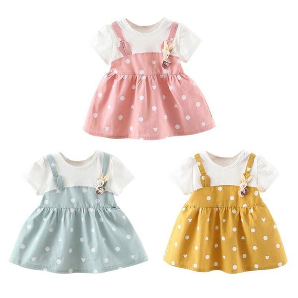 

girl's dresses 2021 summer baby girl princess dress fake 2 piece toddler dot pattern short sleeve cotton sundress, Red;yellow