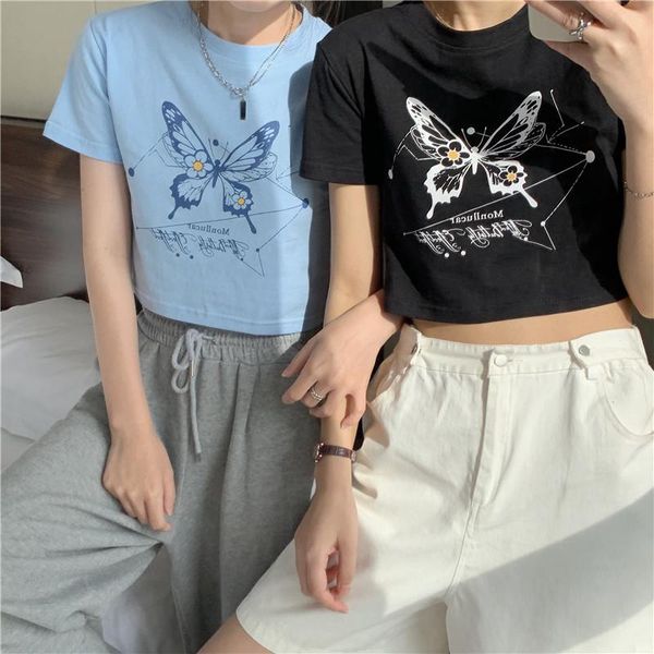 

men's t-shirts kawaii butterfly and flower print women's t shirt fashion summer casual ulzzang sweet girl korean style short sleev, White;black