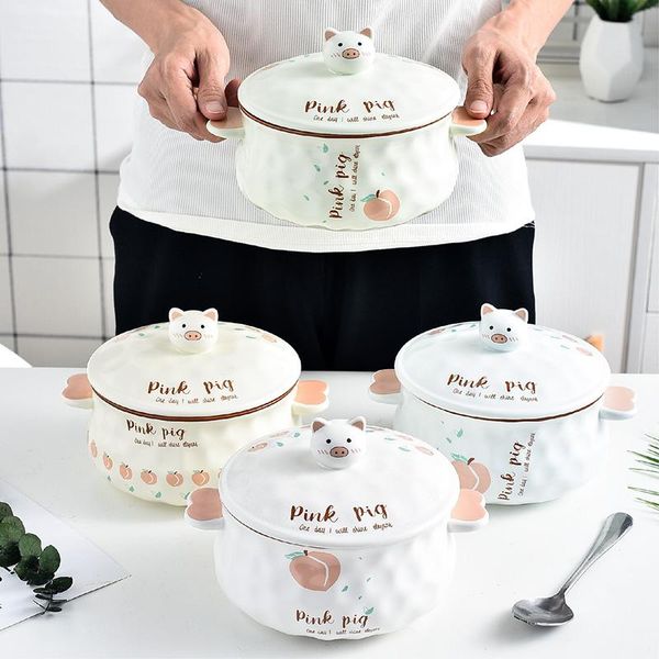 

bowls multipurpose cartoon ceramic bowl household instant noodle with lid student easy to clean soup fruit tableware