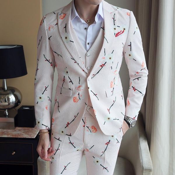 

floral printed suits men 3 pcs party wedding dress costume homme groom suit terno slim fit masculino blazers pants vest men's, White;black