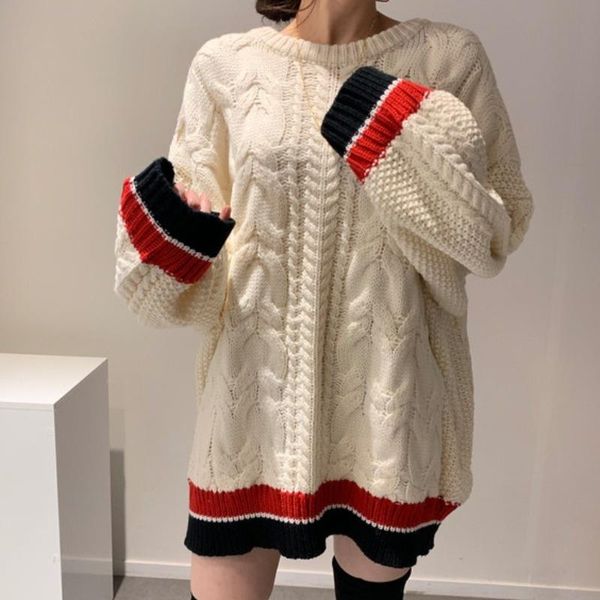 

women's sweaters [ewq] korea chic autumn winter minority round neck loose color matching twist pullover knitted sweater female 2021 16e, White;black