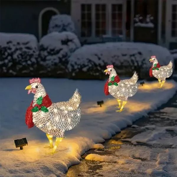 Leuchtendes Huhn mit Schal, Weihnachtsdekoration, LED-Weihnachtsdekoration für den Außenbereich, Metallornamente, leichte Weihnachtsdekoration für den Hof, für Garten, Terrasse, Rasen, WHT0228