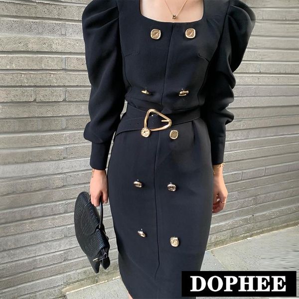 

casual dresses spring autumn long sleeve black dress women retro double breasted sashes bodycon pencil office lady work vestidos, Black;gray