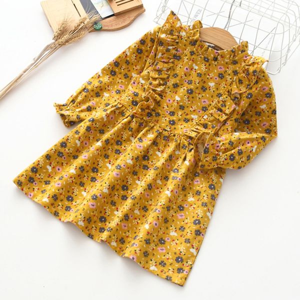 

girl's dresses humor bear spring autumn princess cotton clothing for kids full printed flower infant long sleeve girls dress c0228, Red;yellow