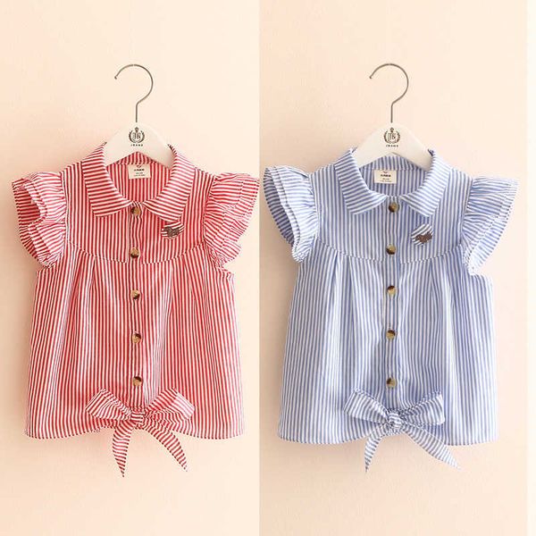 Verão Bonito Meninas Aniversário Roupas Stripe Borboleta Listrada Cão Botton Crianças Menina Curta Fly Sleeve Blusa Camisa 210701