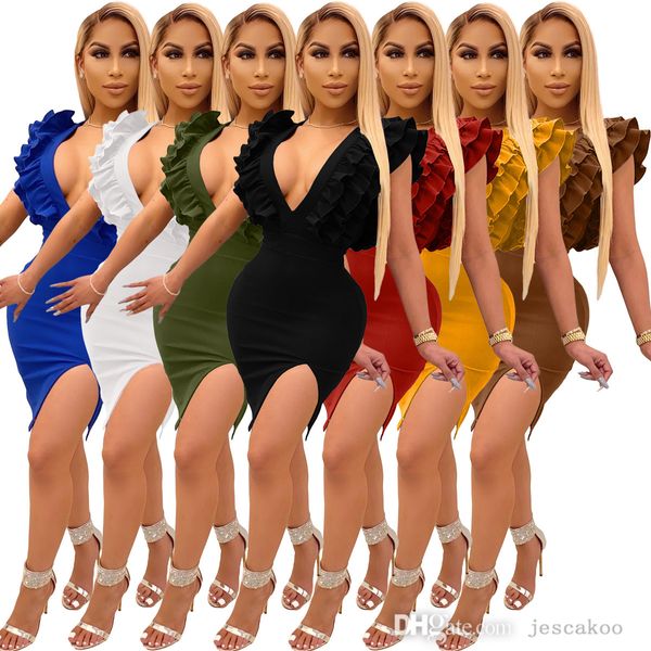 Summer Bodycon Dress Sexy Sem Mangas Sem Encostos De Profundidade V-Decote V-Neck costurado Fungo Borda Clube Vestidos Vestidos de Festa Split Skirt Plus Size