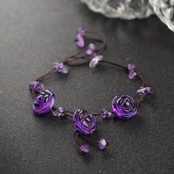 

anklets handmade engraved rose flower braided for women natural amethysts aventurine quartz stone slim foot leg bracelet jewelry, Red;blue