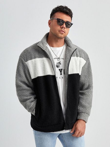 

extended sizes men colorblock slant pockets teddy jacket j4zc#, Black;brown