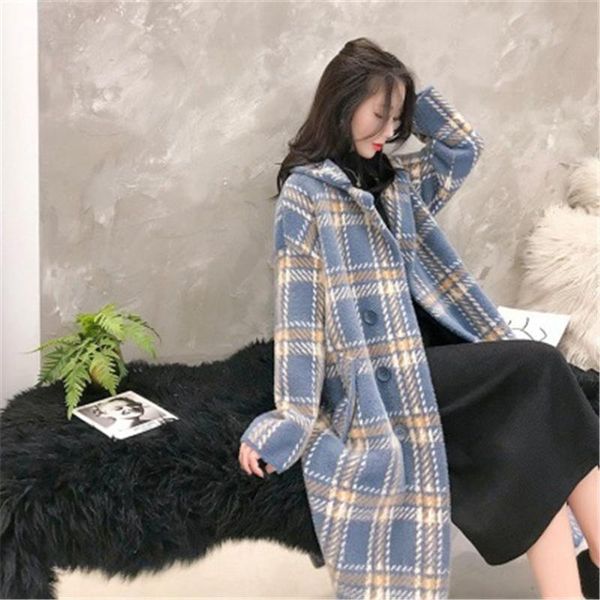 

women's wool & blends mid-length imitation mink woolen coat autumn winter 2021 fashion plaid loose long-sleeved jacket trend 242, Black