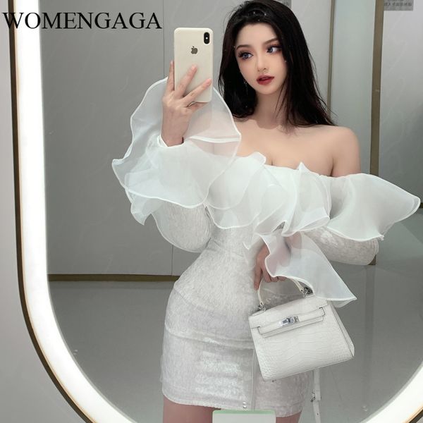 

WOMENGAGA Autumn Strapless Sexy Night Show Slash Neck Chest Big Slim Hip Wrap Ruffle Mini Dress Women QSRP, White