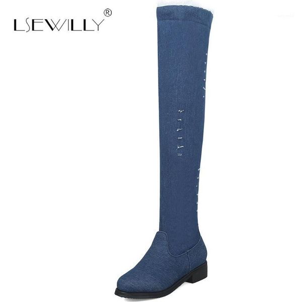 

lsewilly size 32-48 women thick heel boots round toe ladies shoes winter denim over knee concise fashion woman e1471, Black